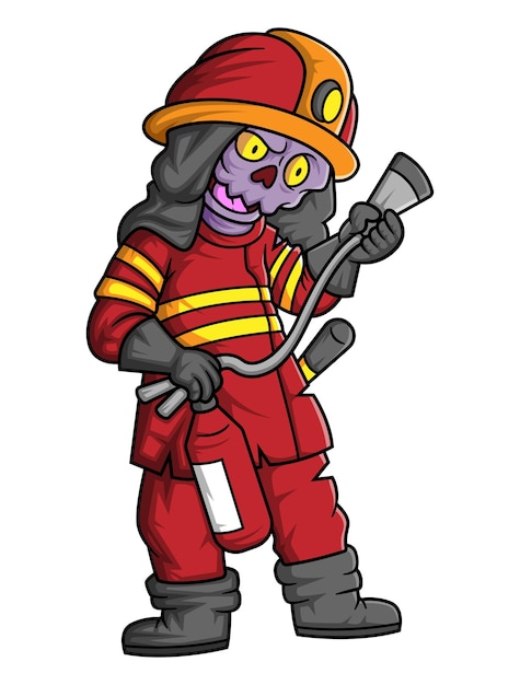 Vektor gruselige zombie-feuerwehr-cartoon-figur auf weißem hintergrund