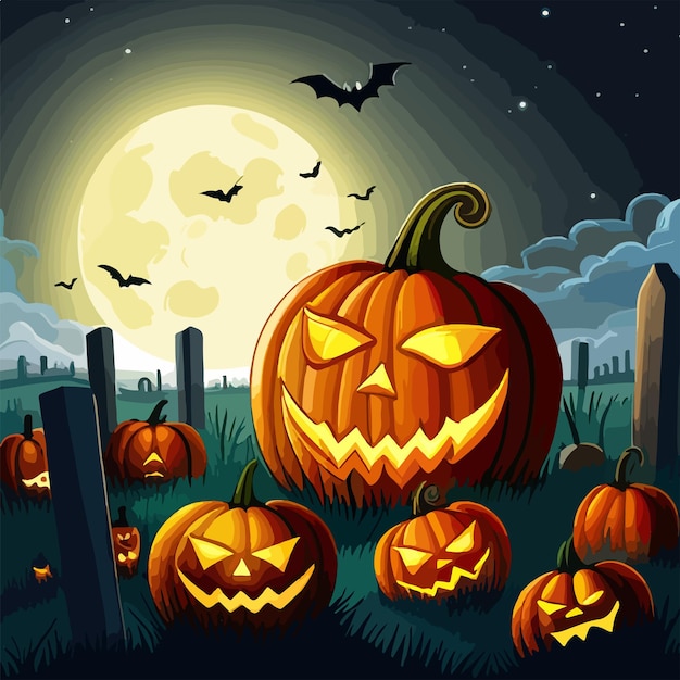 Gruseliger dunkler halloween-hintergrund, kürbisse, grabsteine und fledermäuse auf dem hintergrund des vollmondvektors