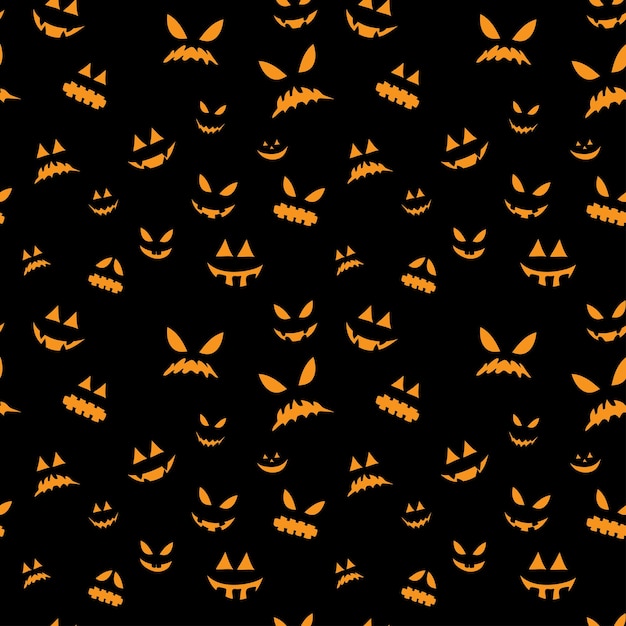 Vektor gruseliges gesichtsmuster halloween-hintergrund nahtloses muster mit cartoon-gruseligen geistergesichtern auf schwarzem hintergrund