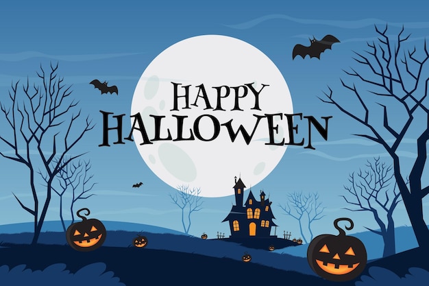 Gruseliges und unheimliches design illustration von halloween mit kürbissen, bäumen, ameisen und dunklem herrenhaus auf blau