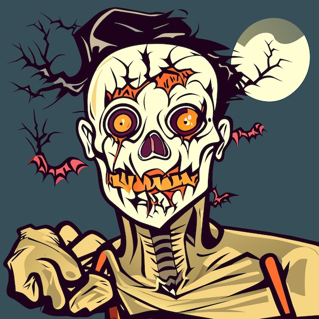 Vektor gruseliges zombie-halloween-handgezeichnetes cartoon-aufkleber-symbol-konzept, isolierte illustration