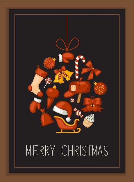 Vektor grußkarte der frohen weihnachten. konzept in form von weihnachtskugel. symbole des urlaubs.