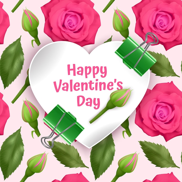 Grußkarte fröhlicher valentinstag, karte mit nahtlosem, endlosem hintergrund mit leuchtend rosa rosen und grünen blättern. hintergrund für poster oder banner, vektorillustration