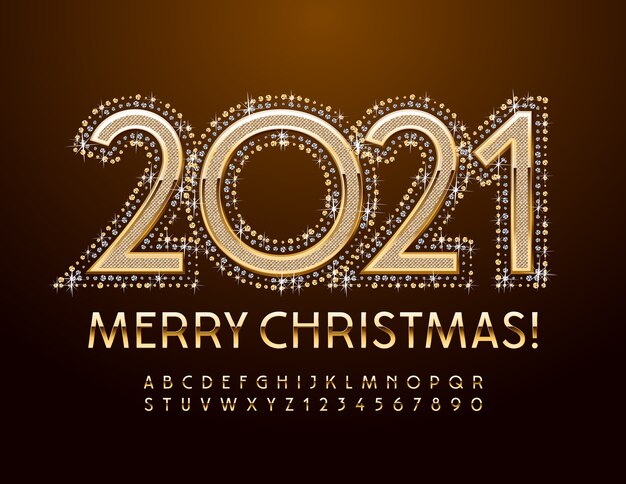 Grußkarte frohe weihnachten 2021. gold elegante schrift. luxus alphabet buchstaben und zahlen