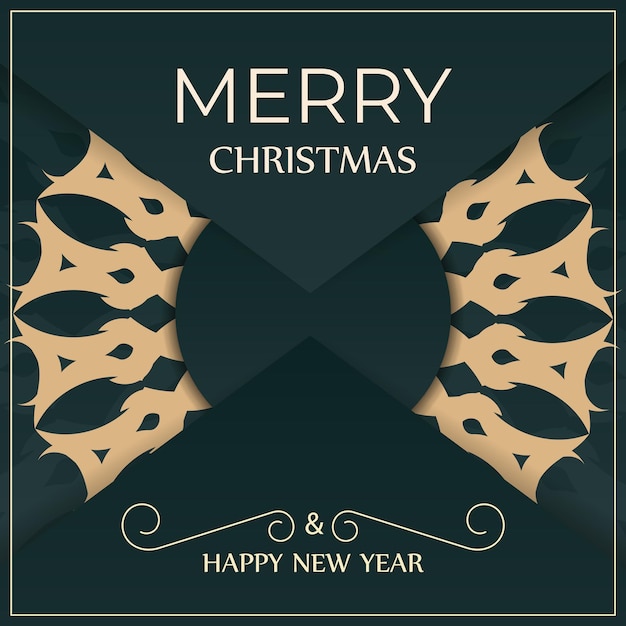Grußkarte frohe weihnachten und ein glückliches neues jahr in dunkelgrüner farbe mit gelbem vintage-muster