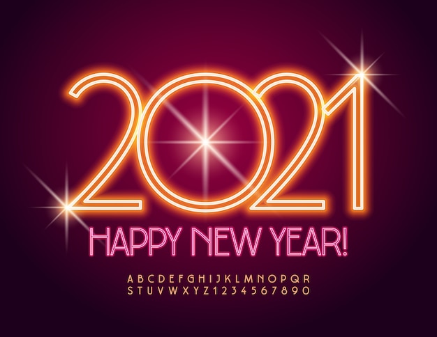 Grußkarte Frohes Neues Jahr 2021! Elektrische orange Schrift. Buchstaben und Zahlen des Neonalphabets