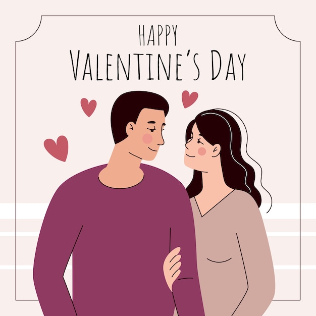 Grußkarte für liebevolle Paare des Valentinstags in der flachen Karikaturartvektorillustration schön