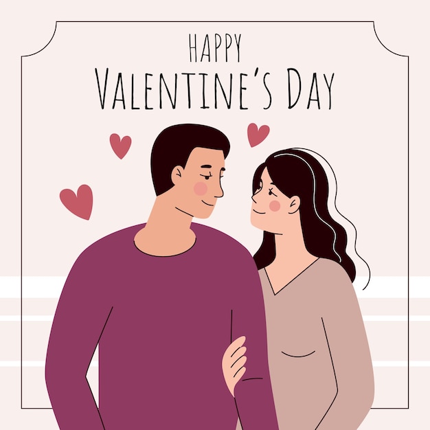 Grußkarte für liebevolle paare des valentinstags in der flachen karikaturartvektorillustration schön