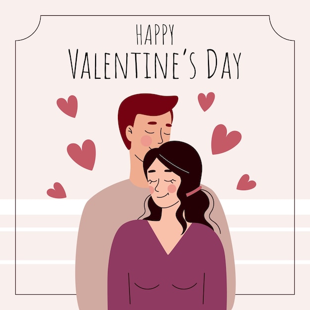 Grußkarte für liebevolle Paare des Valentinstags in der flachen Karikaturartvektorillustration schön