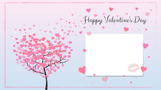 Vektor grußkarte für valentinstag in blauer und rosa farbe mit rahmen ein baum in form von herzen