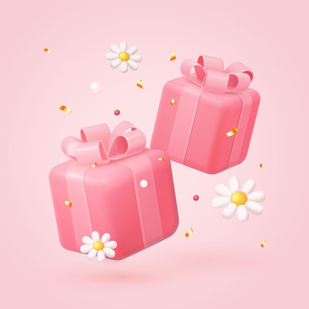 Grußkarte mit 3D-realistischen rosa Geschenkkisten und Konfetti Vektorillustration EPS10