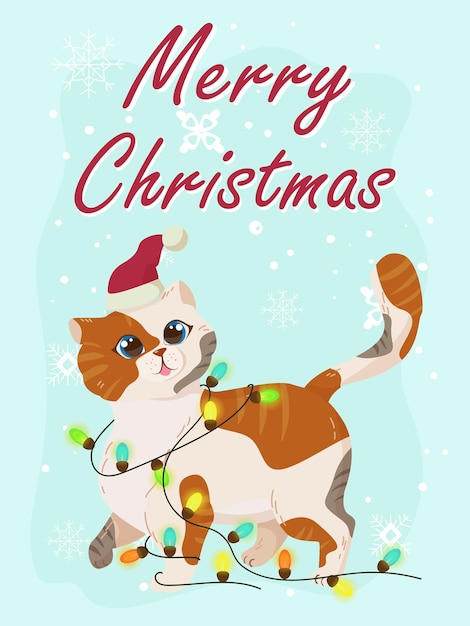 Grußkarte mit einem süßen kätzchen für weihnachten und neujahr. herzlichen glückwunsch zu den feiertagen. wintervektorillustration lokalisiert auf weißem hintergrund.