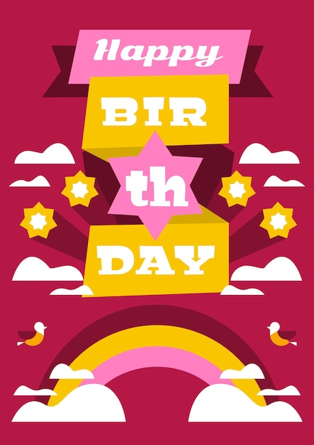 Grußkarte mit happy birthday entwickelt für den druck von einladungen und glückwünschen regenbogen vögel feuerwerk wolken buchstaben vektor-illustration eines flachen stils