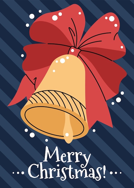 Grußkarte mit Weihnachtsglocke und roter Schleife im flachen Stil Vektorillustration für Plakate, Banner, Einladungen usw.