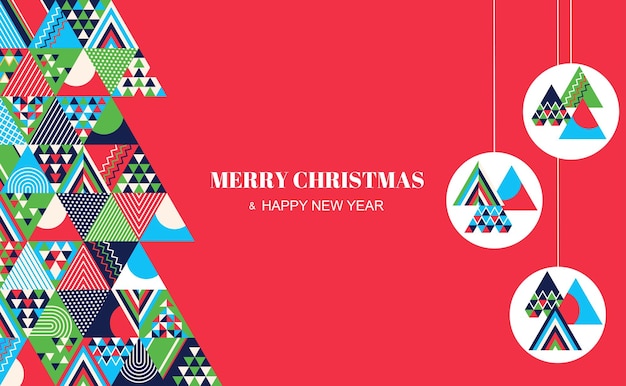 Grußkarte mit weihnachtsschmuck, tannenbaum, hand mit hängenden girlanden, geometrischer stil