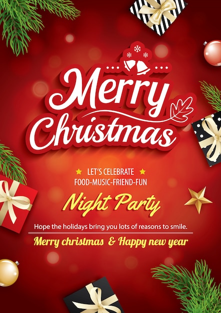 Grußkarte und Party der frohen Weihnachten auf rotem Hintergrund