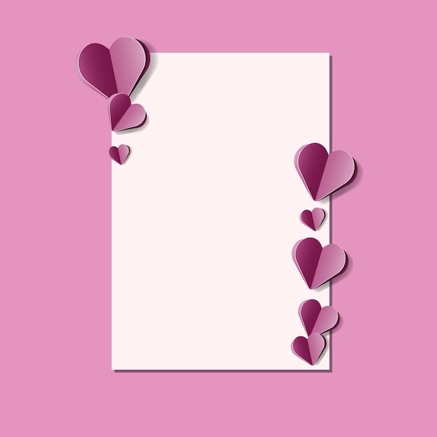 Vektor grußkarte verziert mit dunkelvioletten herzen auf violettem hintergrund mit kopierraum für valentinstag papier geschnittene mockup-vektorillustration