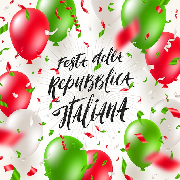 Grußkarte zum tag der italienischen republik luftballons und konfetti in der farbe der italienischen flagge