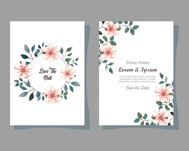 Grußkarten mit blumen, hochzeitseinladungen mit blumen mit zweigen und blättern dekoration illustration design