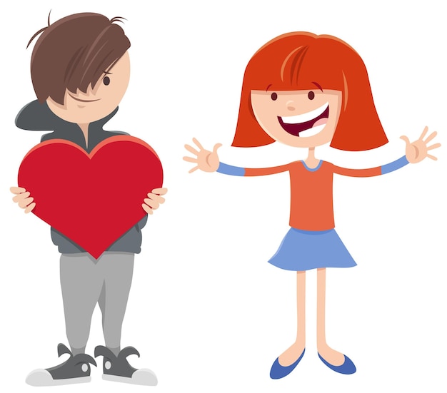 Grußkartenillustration mit Zeichentrickfilm-Junge, die einem Mädchen am Valentinstag Herz gibt