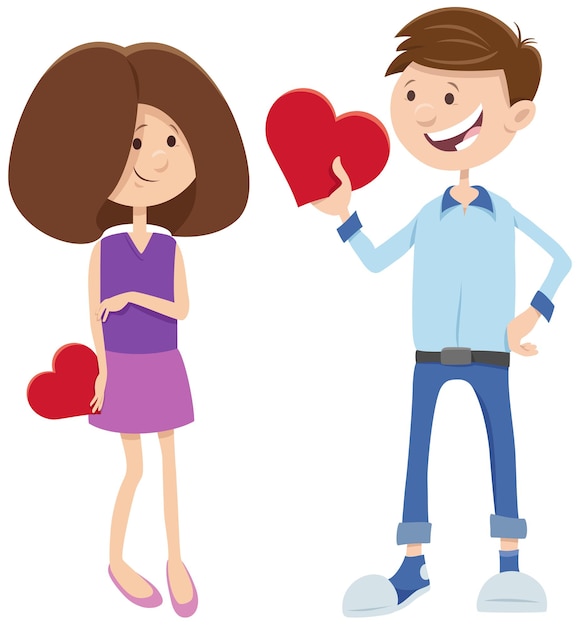 Grußkartenkarikaturillustration mit Mädchen- und Jungencharakteren mit Valentinstagherzen