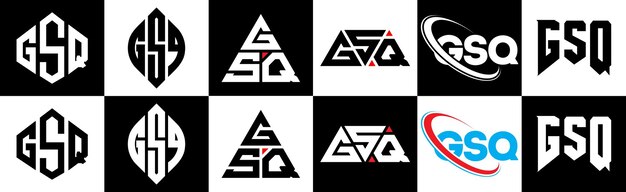 Vektor gsq-buchstaben-logo-design in sechs stilen. gsq-polygon-kreis-dreieck-sechseck-flacher und einfacher stil mit schwarz-weißer farbvariation. buchstaben-logo auf einer zeichenfläche. gsq-minimalist- und klassisches logo