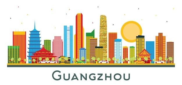 Guangzhou China City Skyline mit farbigen Gebäuden, Isolated on White