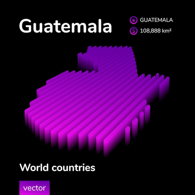 Guatemala 3D-Karte Stilisierter Neon-einfacher digitaler isometrischer gestreifter Vektor ist in violetten Farben auf schwarzem Hintergrund