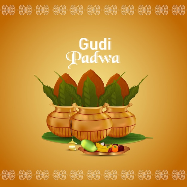 Gudi padwa-vektor-illustration mit goldenem kalaschand-hintergrund