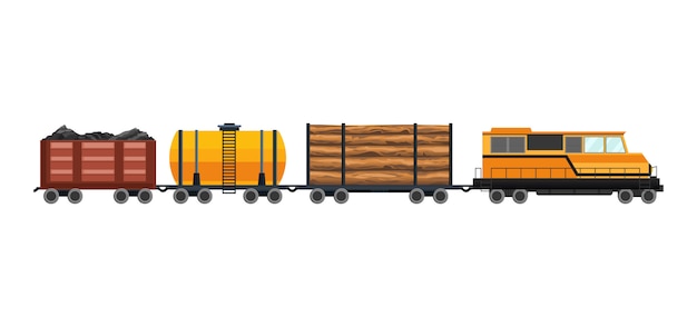 Güterzug-Güterwagen mit Container- und Kastengüterzug. Fahrzeugtransport-Illustrationssatz. Gestaltungselemente für den schweren Schienenverkehr. Flache Artillustration