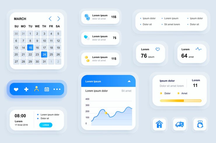 Vektor gui-elemente für die benutzeroberfläche der medizinischen app für medizin, ux-toolkit