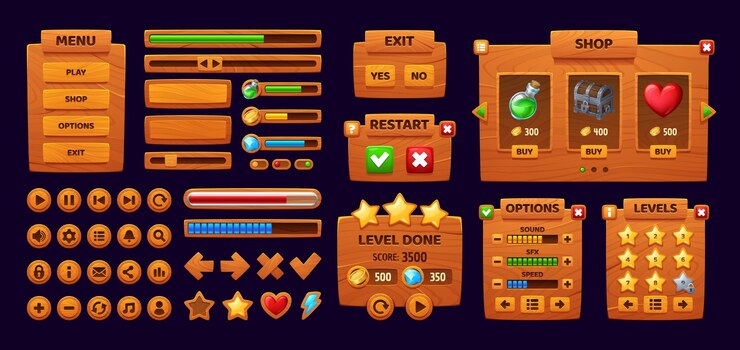 Vektor gui-tasten und -panels aus holz für die spieleschnittstelle