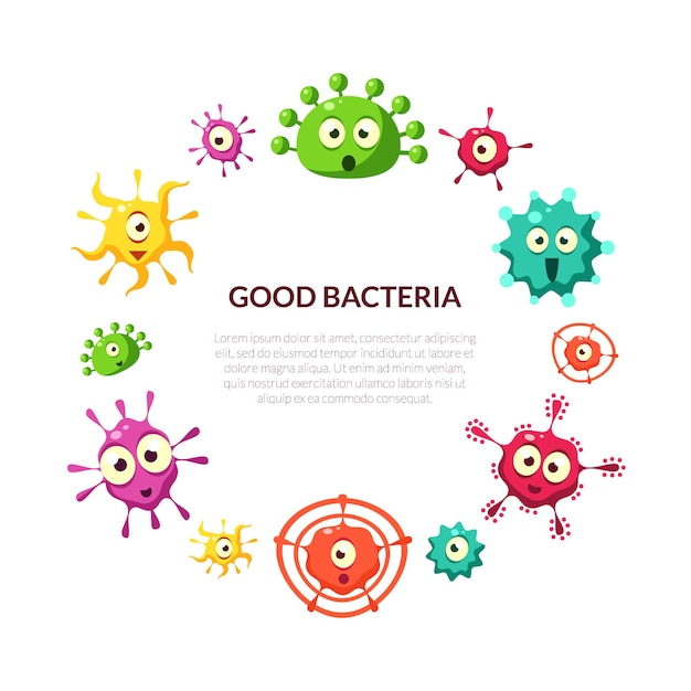 Gute Bakterien Banner Vorlage mit niedlichen bunten Mikroorganismen Muster in kreisförmiger Form Probiotika Medizin oder Nahrungsergänzungsmittel Vektor Illustration auf weißem Hintergrund