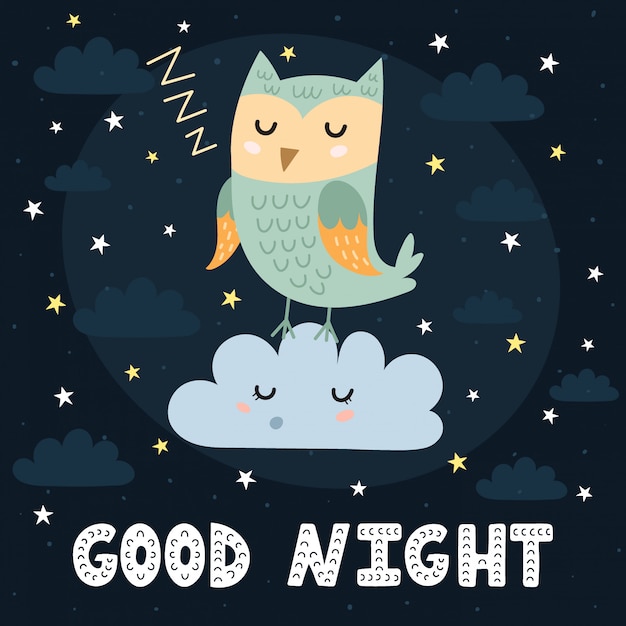 Gute Nachtkarte mit einer schlafenden Eule und einer Wolke. Süße Traumillustration