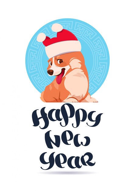 Guten rutsch ins neue jahr-gruß-karten-design mit beschriftung und dem corgi-hund, der santa hat trägt