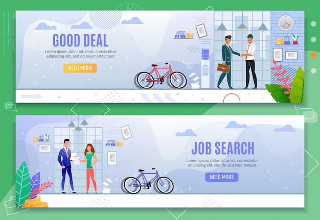 Gutes geschäft und job search cartoon banner flat set