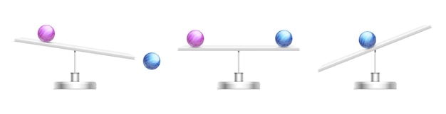 Guthaben sparen. abstrakte skala, gender gap oder ungleichheitsmetapher. weißer schreibtisch, blaue rosa kugeln-vektorillustration. waage ausbalancieren und waagerecht wippen