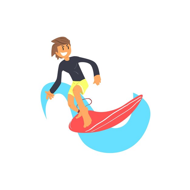 Guy in Rashguard auf rotem Surfbrett flach isoliert Cartoon einfache Design Illustration in leuchtenden Farben auf weißem Hintergrund
