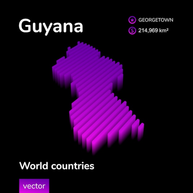 Guyana 3d-karte gestreifter isometrischer neonvektor in violetten farben geografische infografik-karte bildungsbanner