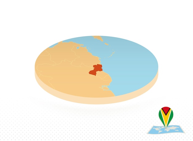 Guyana-karte in orangefarbener kreiskarte im isometrischen stil