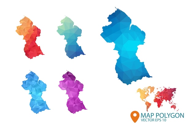 Vektor guyana-kartensatz aus geometrischem zerknittertem dreieckigem low-poly-stil-gradienten-grafikhintergrund