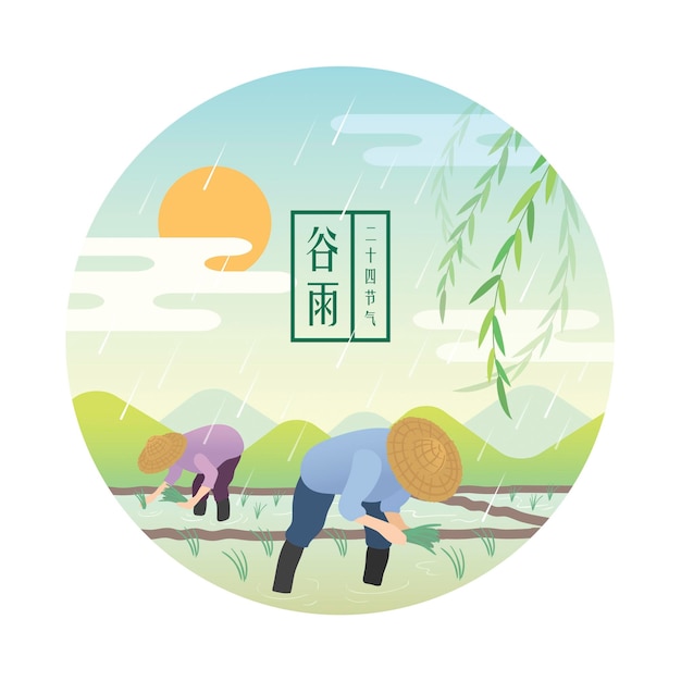 Guyu Chinese 24 Solarbegriffe Bauern verpflanzen Reissaat in Reisfeldern