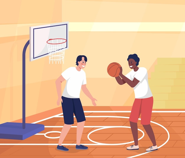 Vektor gymnasiasten spielen basketball flache farbvektorillustration körperliche aktivität und wettbewerb in der schule sportspieler 2d einfache zeichentrickfiguren mit fitnessstudio im hintergrund