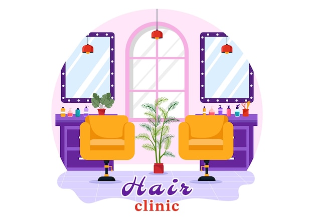 Vektor haarklinik vektor-illustration mit friseur haarschnitt haarschutz und frisur im schönheitssalon