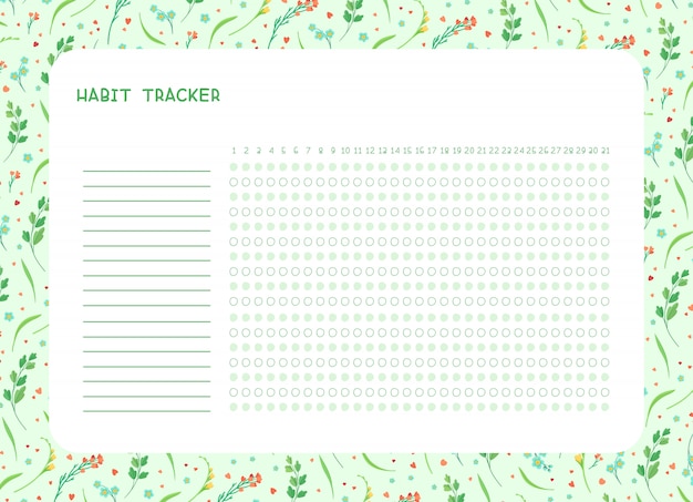 Vektor habit tracker für monat flache vorlage. frühlingswildblumen themenorientierter leerer, persönlicher organisator mit dekorativem rahmen. blumenrand der sommersaison mit stilisiertem schriftzug