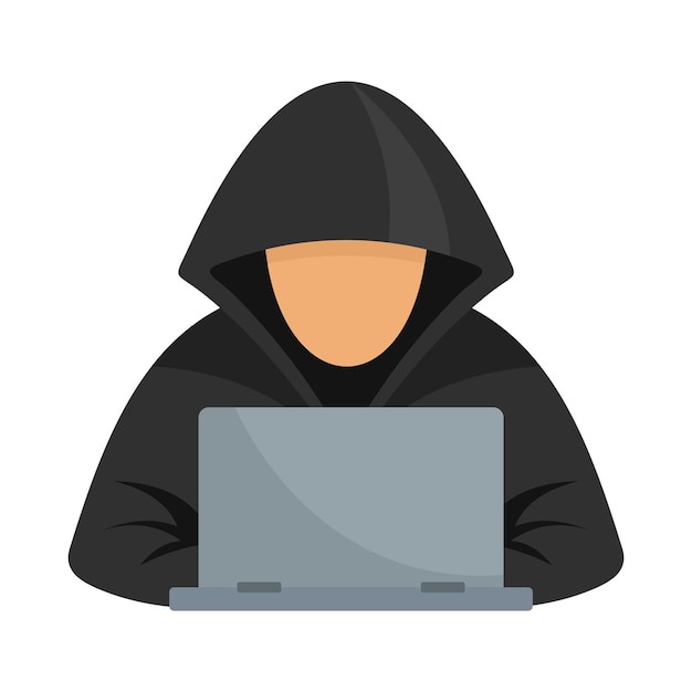 Hacker am Laptop-Symbol Flache Illustration des Hacker am Laptop-Vektorsymbols für Webdesign