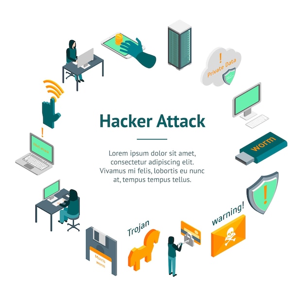 Hacker Attack-Konzept Banner-Kartenkreis 3D Isometrische Ansicht Vektor