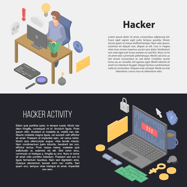 Hacker Banner Set, isometrische Stil