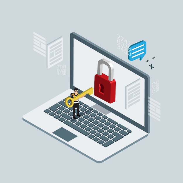 Hacker bricht in Computer ein. Isometrische 3D-Illustrationen