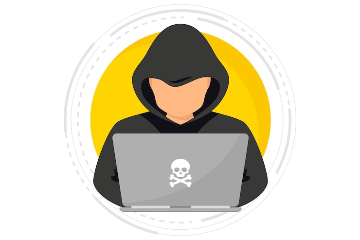Vektor hacker cyberkrimineller mit laptop, der persönliche daten von benutzern stiehlt hackerangriff und websicherheit